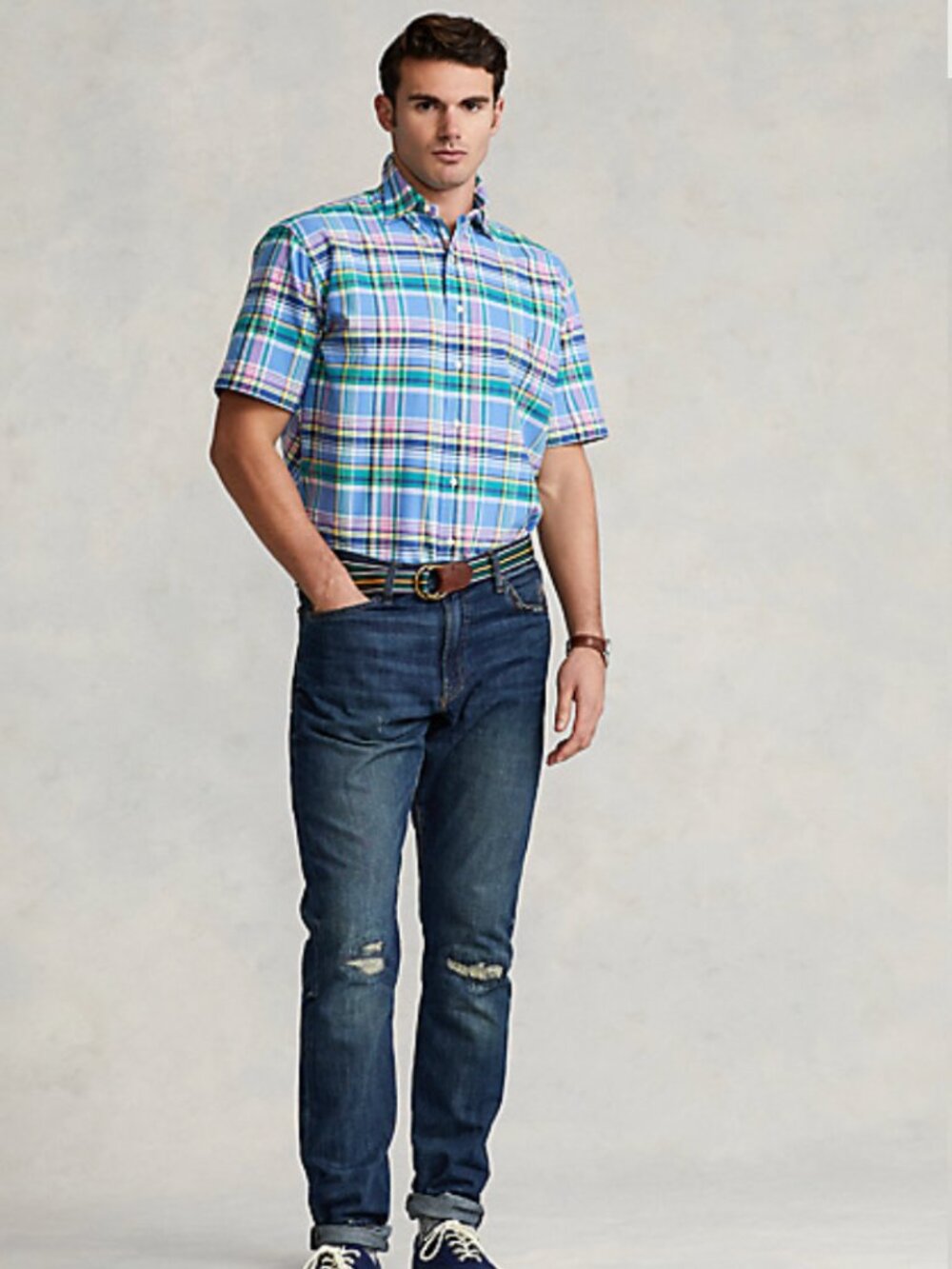 Polo Ralph Lauren S/S Oxford Shirt Men's 4XB Blue Pink Plaid Preppy Coastal